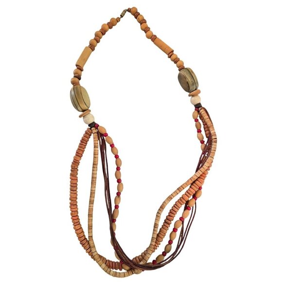 Boho Chunky Beaded Multistrand Wood Necklace Manitee Length - Picture 1 of 8